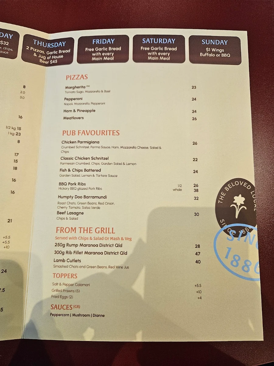 Menu, Royal Hotel
