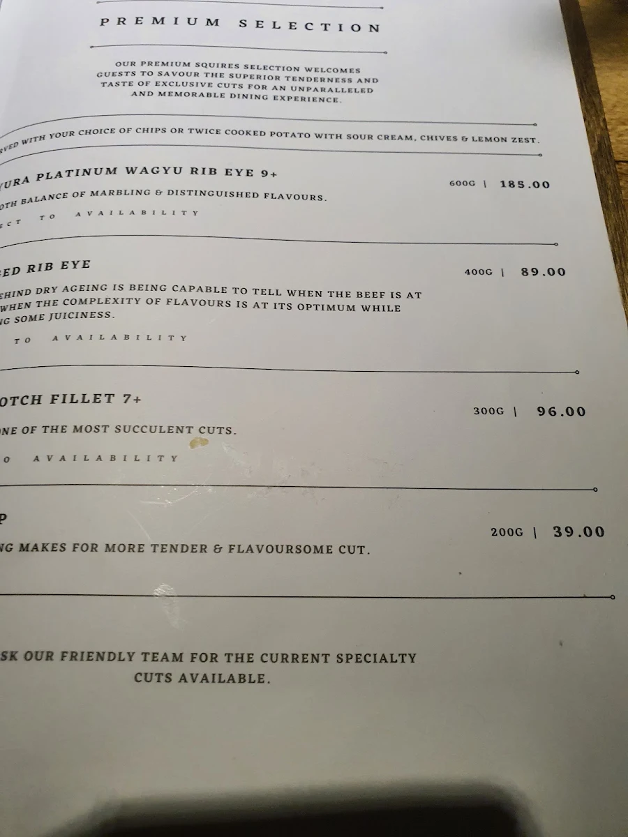 Menu, Squire's Loft Torquay