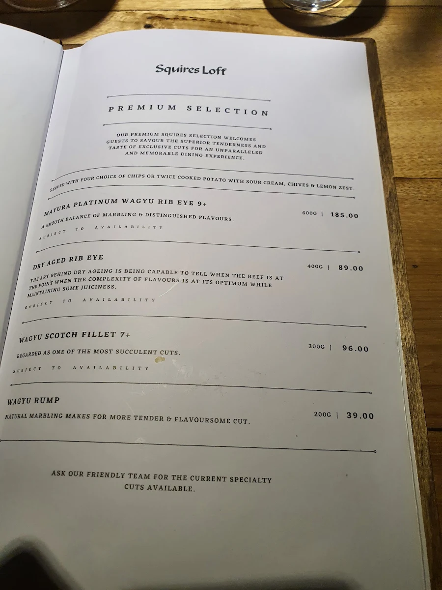 Menu, Squire's Loft Torquay