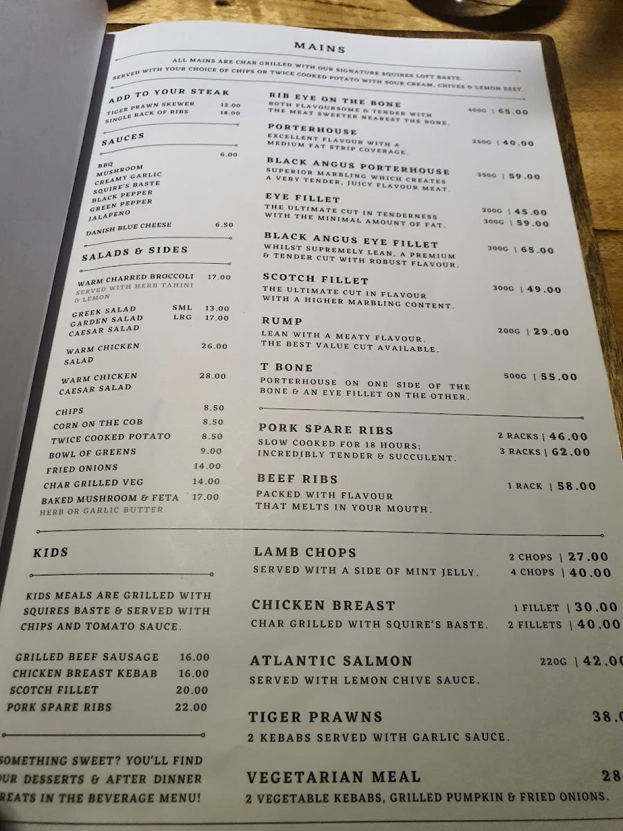 Menu, Squire's Loft Torquay
