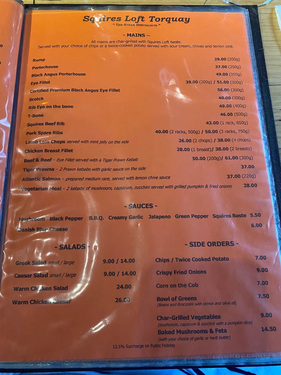 Menu, Squire's Loft Torquay