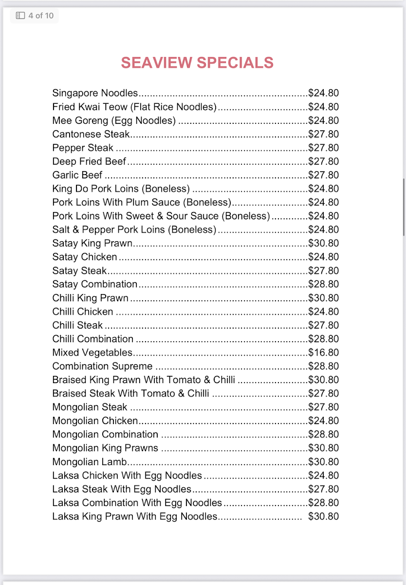 Menu, Seaview Malaysian