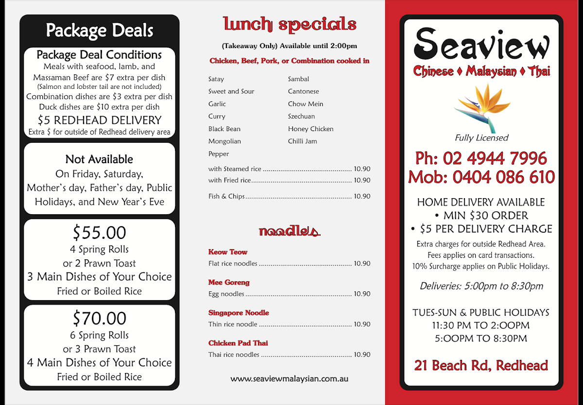Menu, Seaview Malaysian
