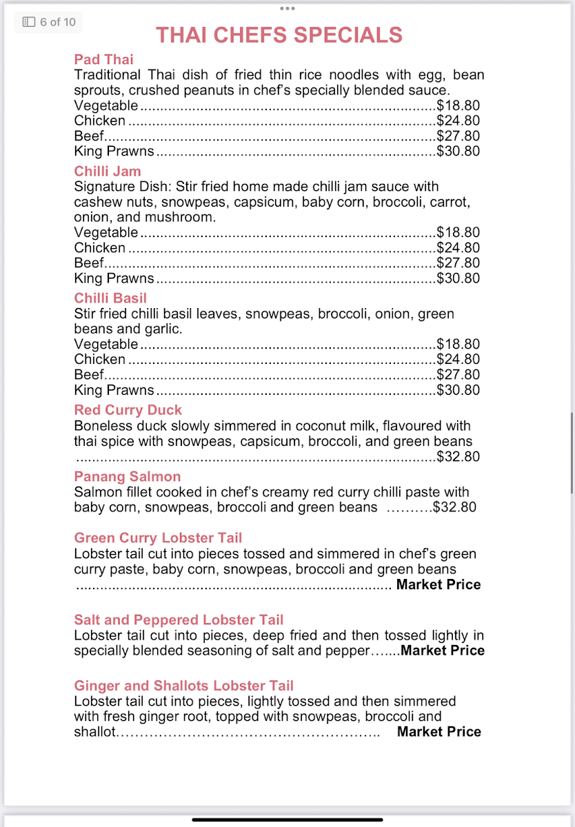 Menu, Seaview Malaysian