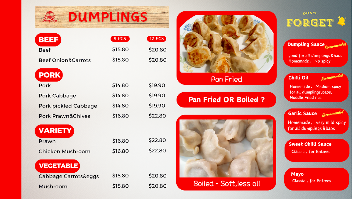 Menu, Mary's bao and dumplings Willows
