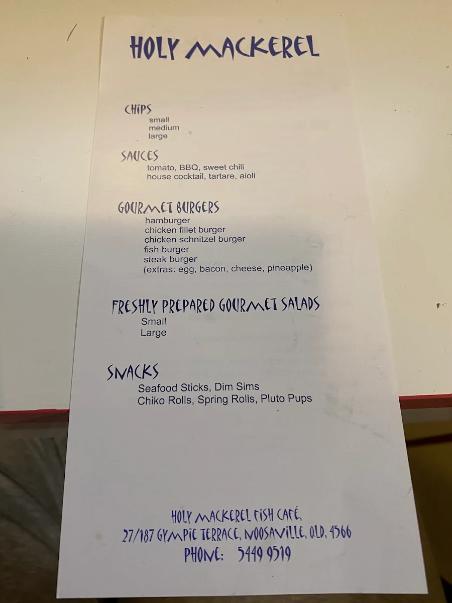 Menu, Holy Mackerel Fish Cafe