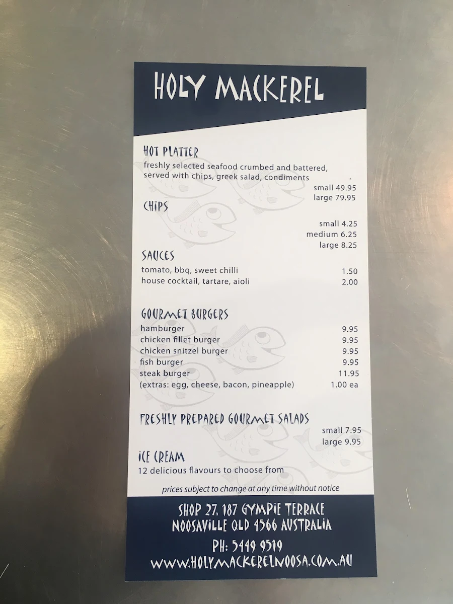 Menu, Holy Mackerel Fish Cafe