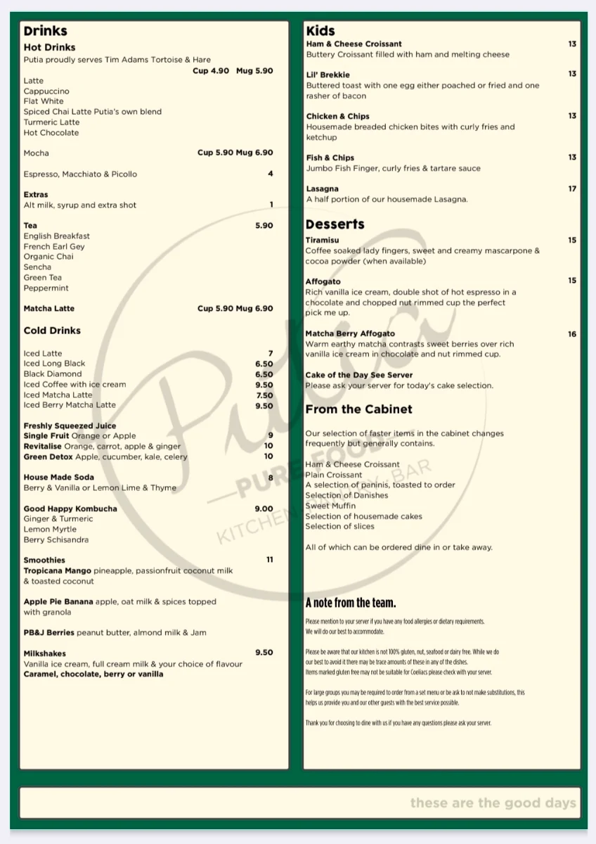 Menu, Putia Pure Food Kitchen