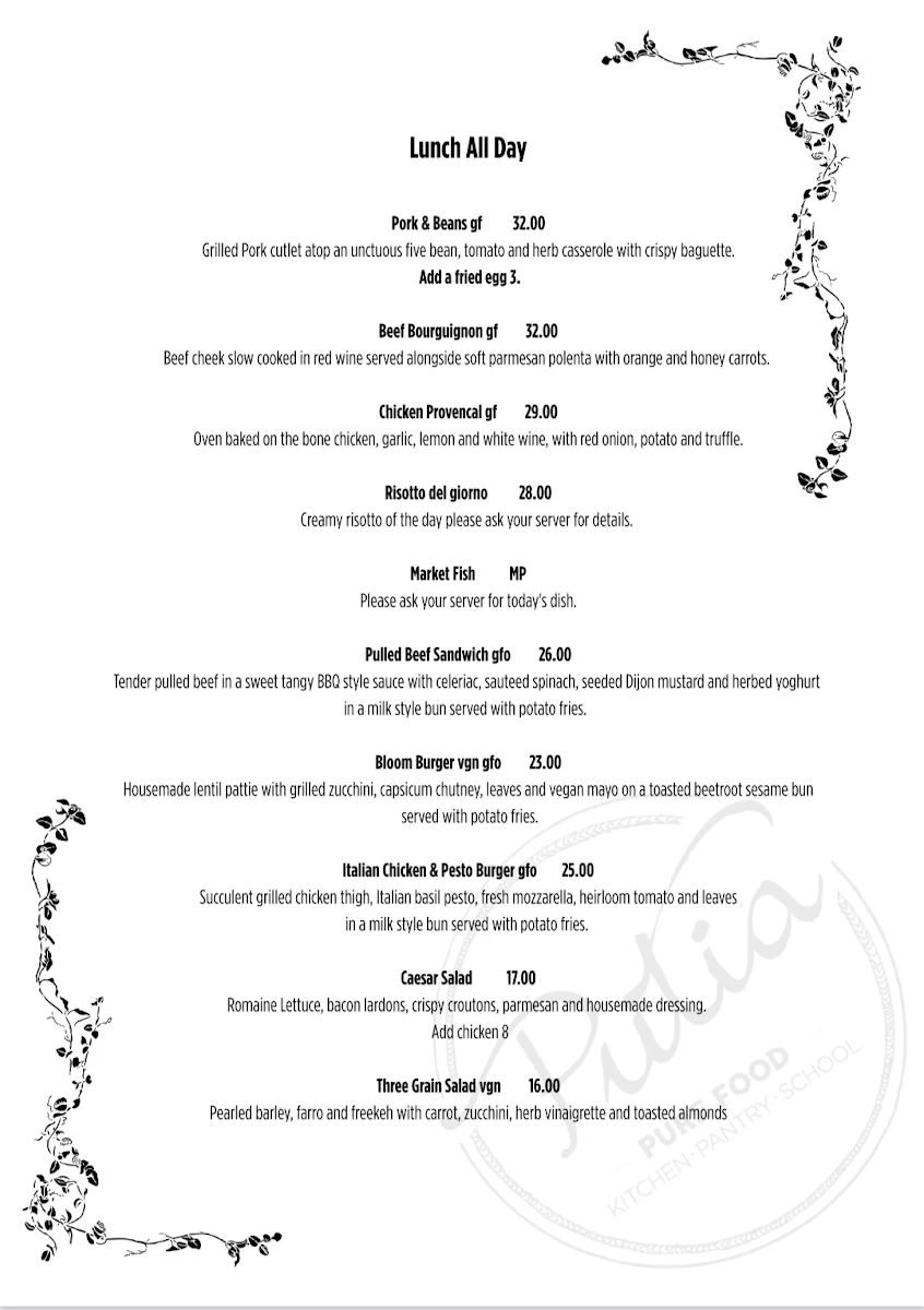 Menu, Putia Pure Food Kitchen