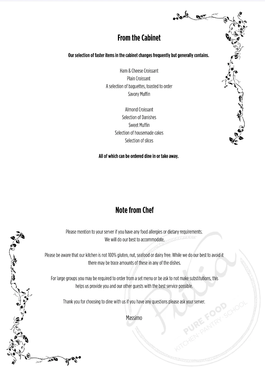 Menu, Putia Pure Food Kitchen