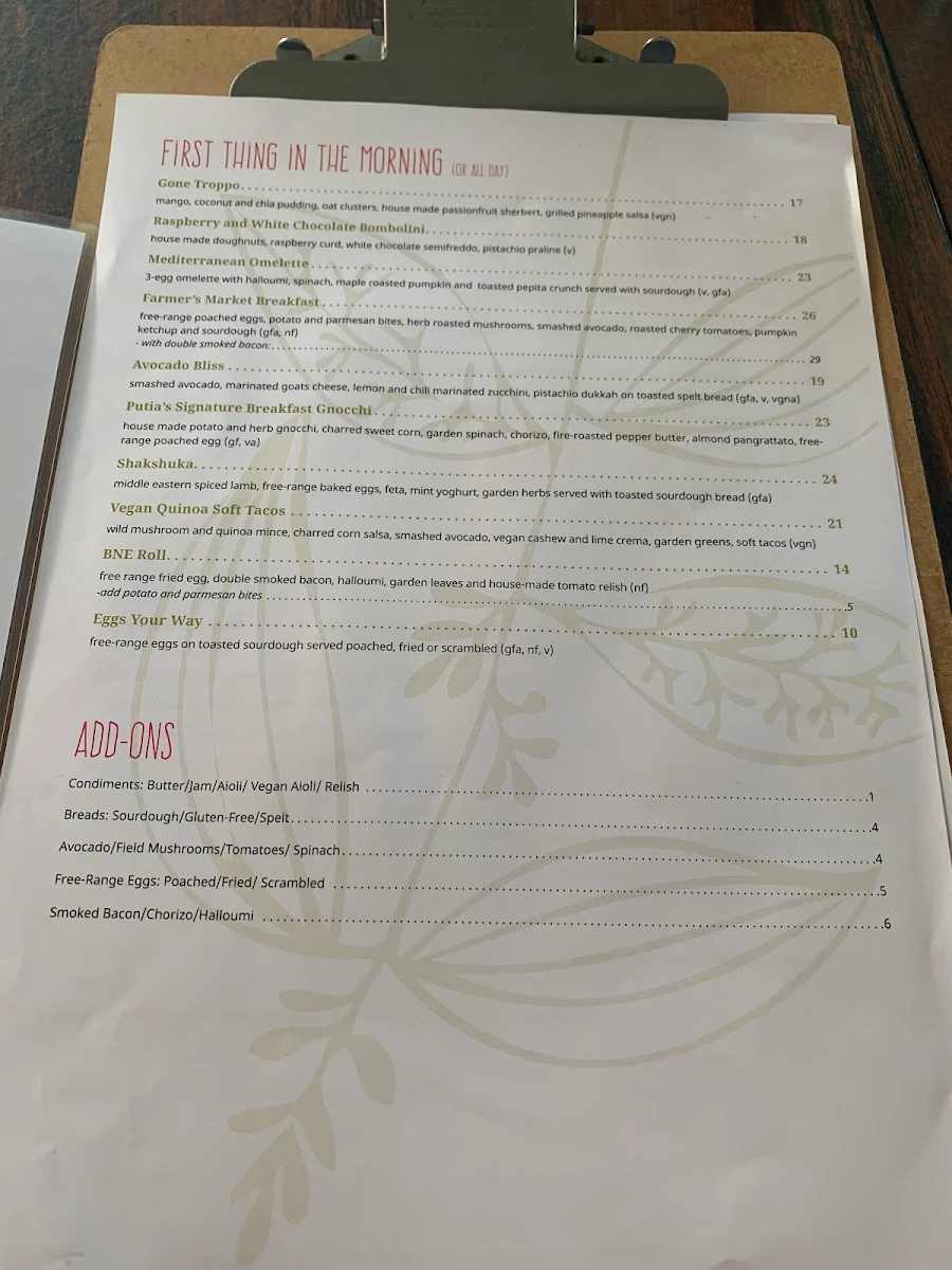 Menu, Putia Pure Food Kitchen