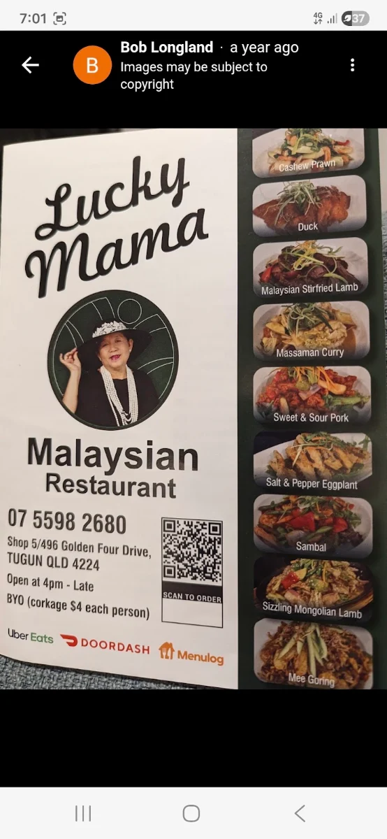 Menu, Lucky Mama Malaysian Restaurant
