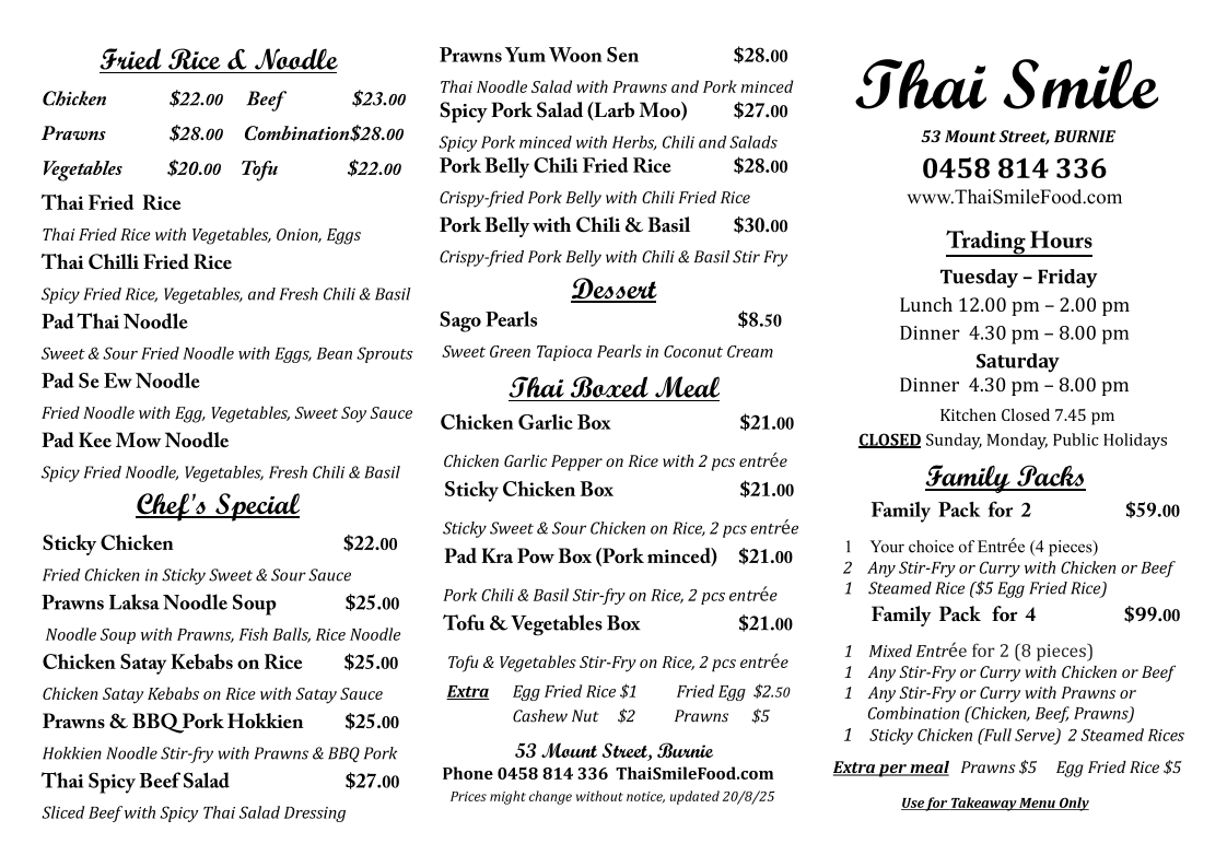 Menu, Thai Smile Burnie