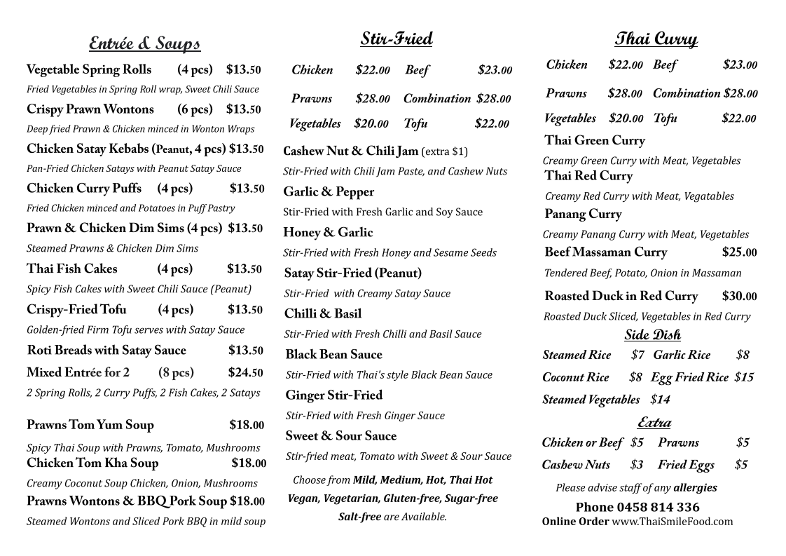 Menu, Thai Smile Burnie