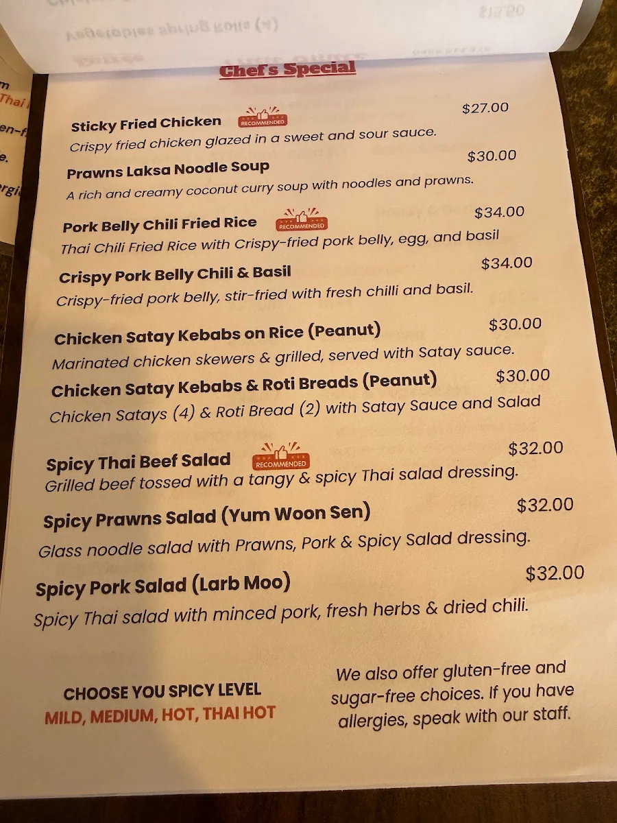 Menu, Thai Smile Burnie
