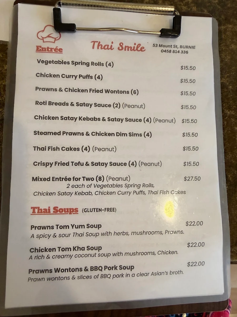 Menu, Thai Smile Burnie