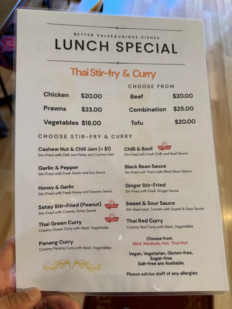 Menu, Thai Smile Burnie