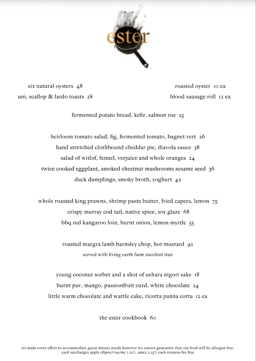 Menu, Ester Restaurant
