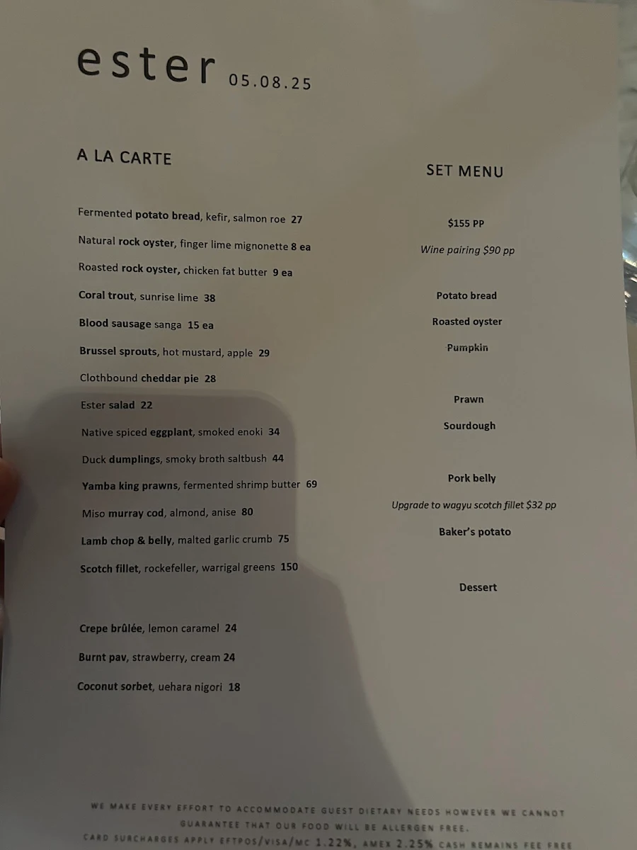 Menu, Ester Restaurant