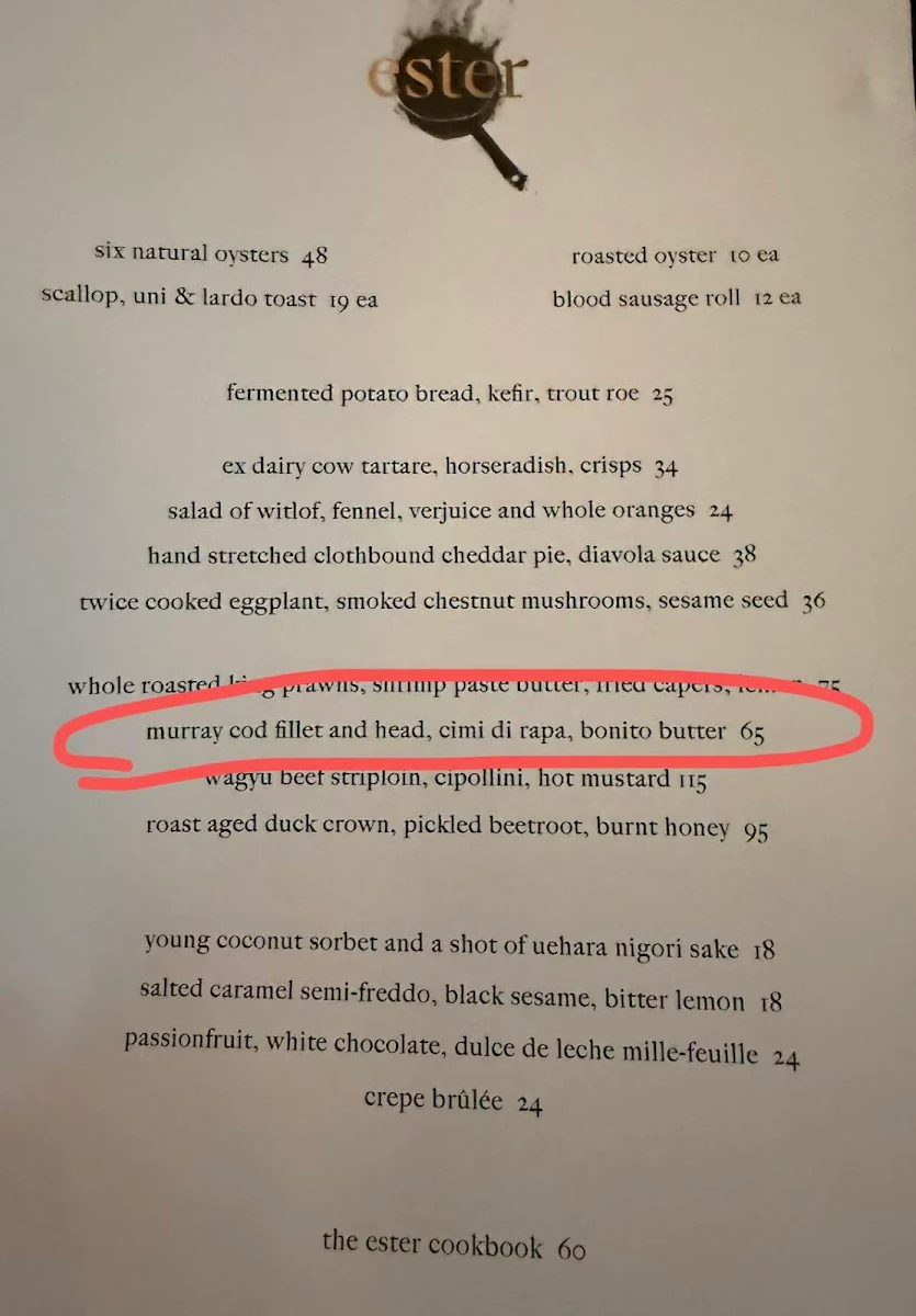 Menu, Ester Restaurant