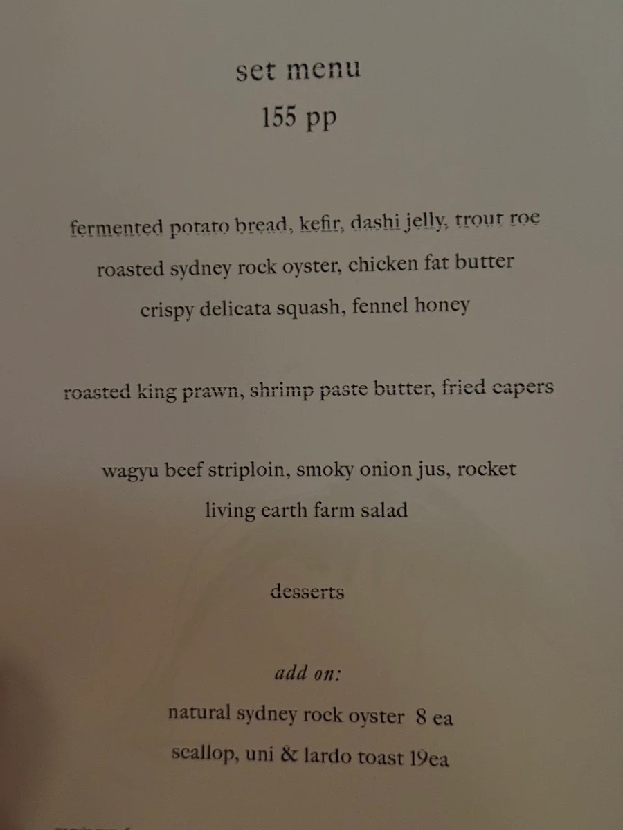 Menu, Ester Restaurant