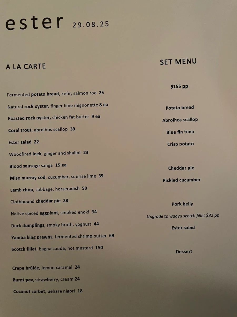 Menu, Ester Restaurant