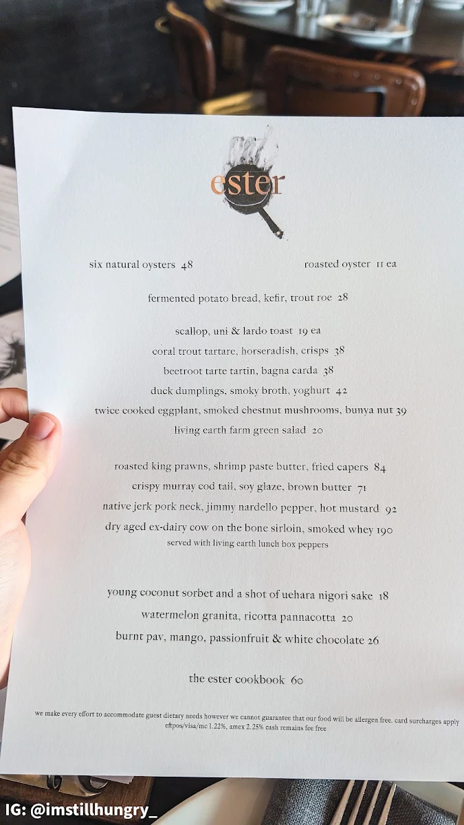 Menu, Ester Restaurant