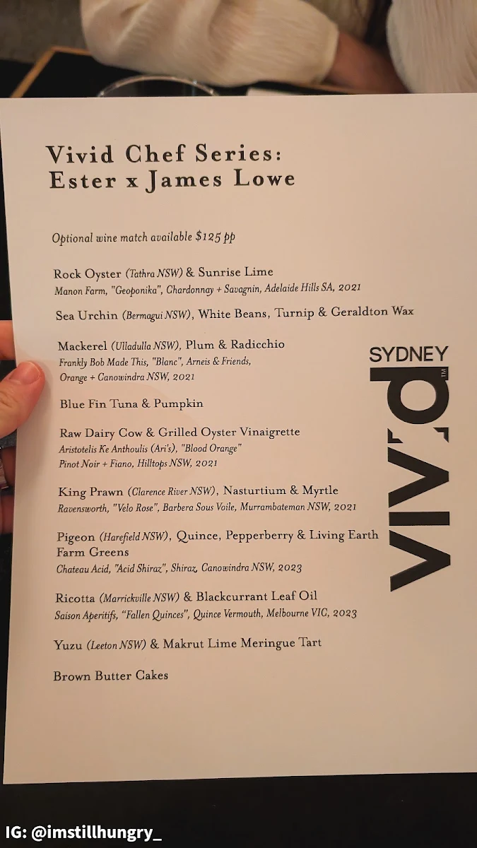 Menu, Ester Restaurant