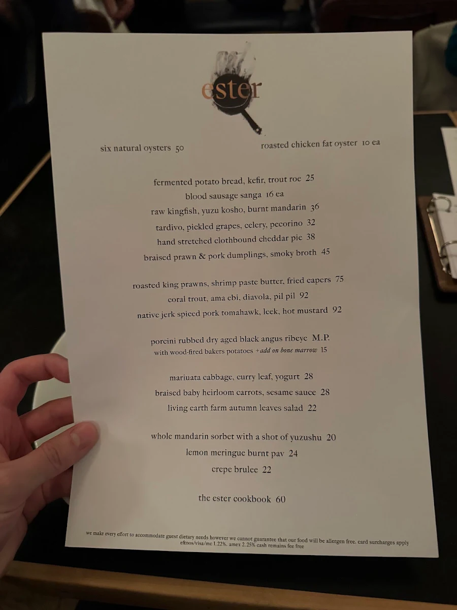 Menu, Ester Restaurant