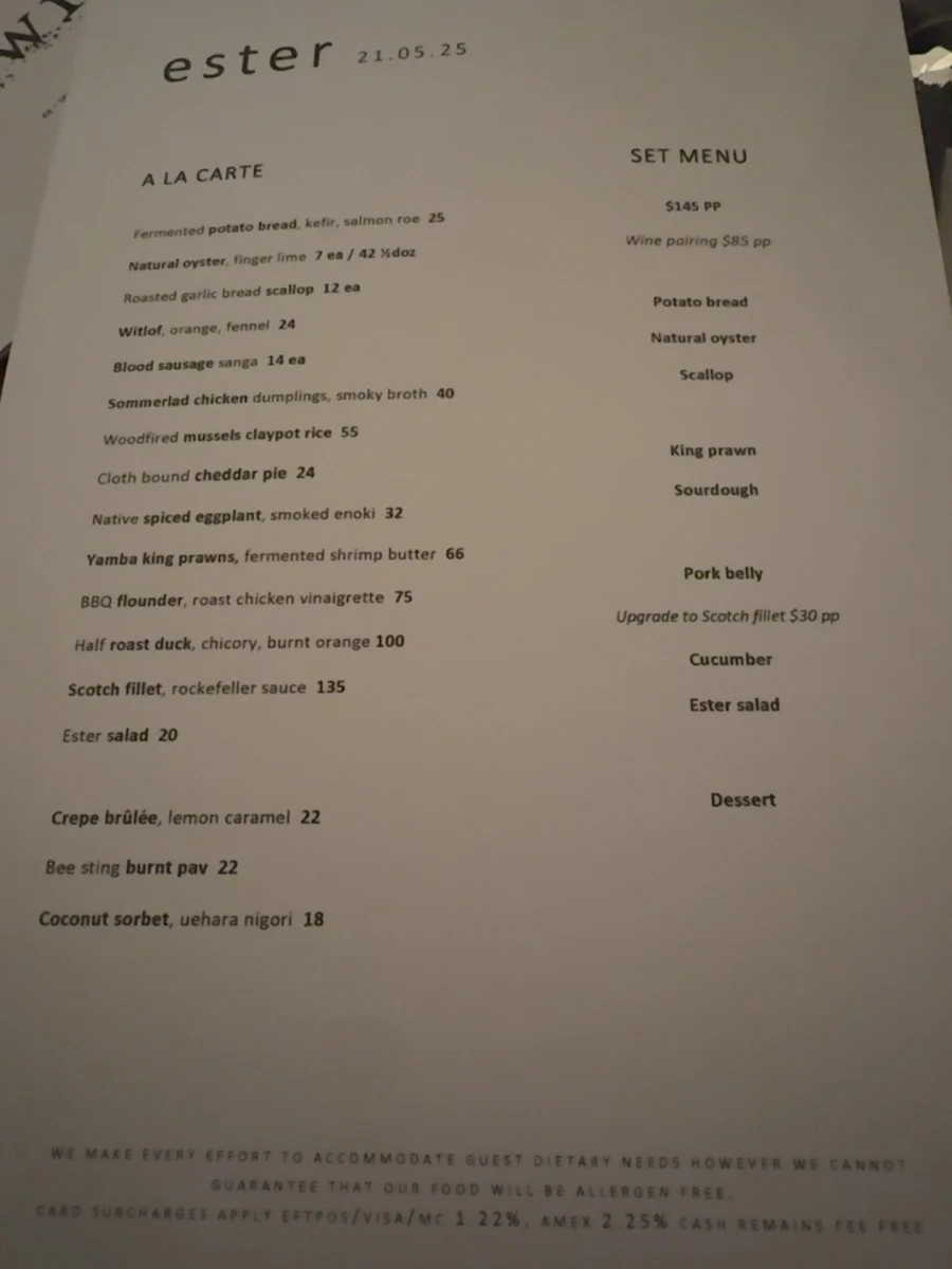 Menu, Ester Restaurant