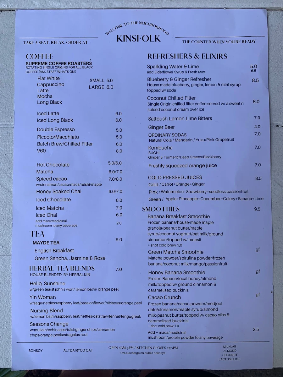 Menu, Kinsfolk Coffee