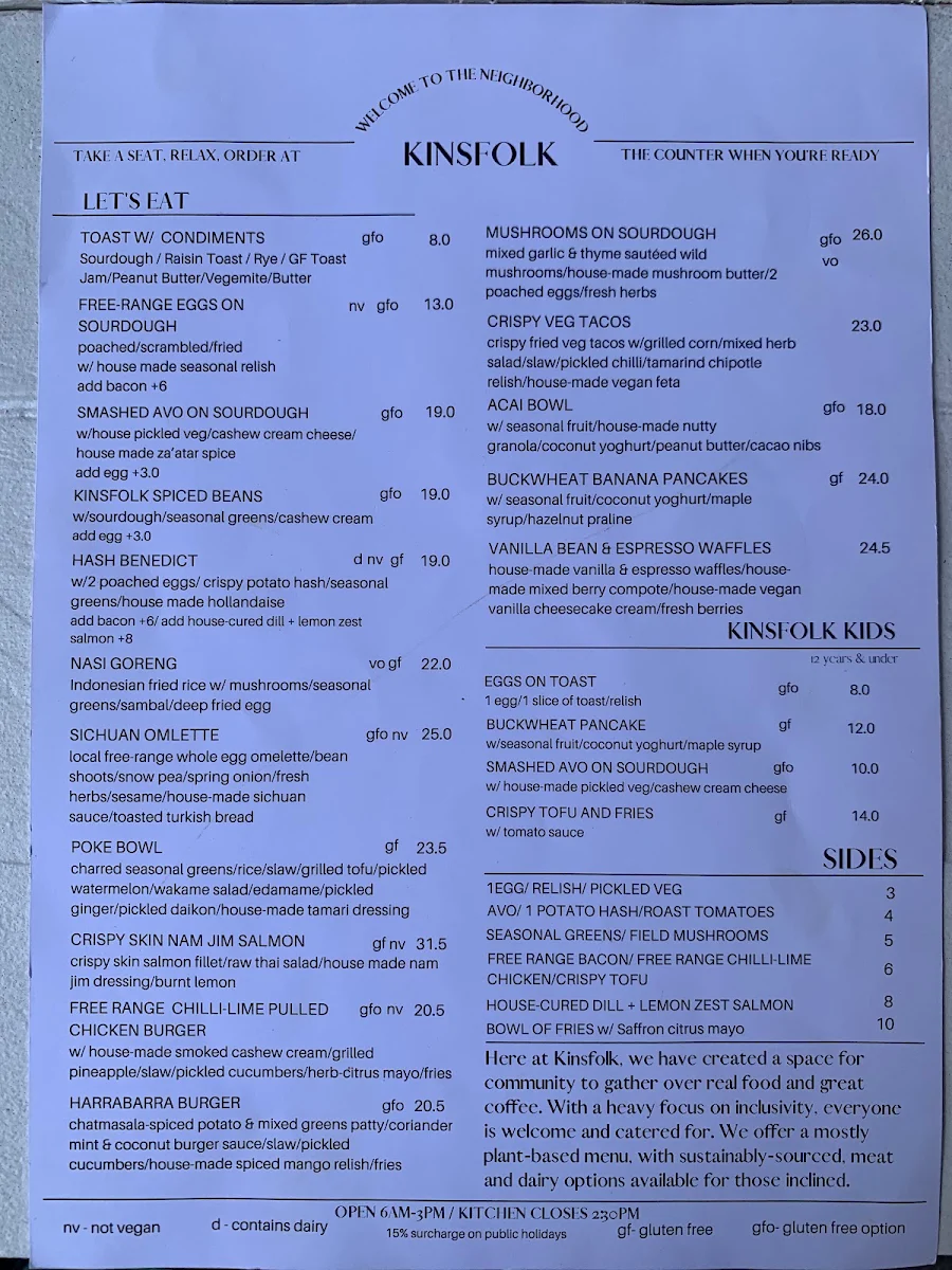 Menu, Kinsfolk Coffee