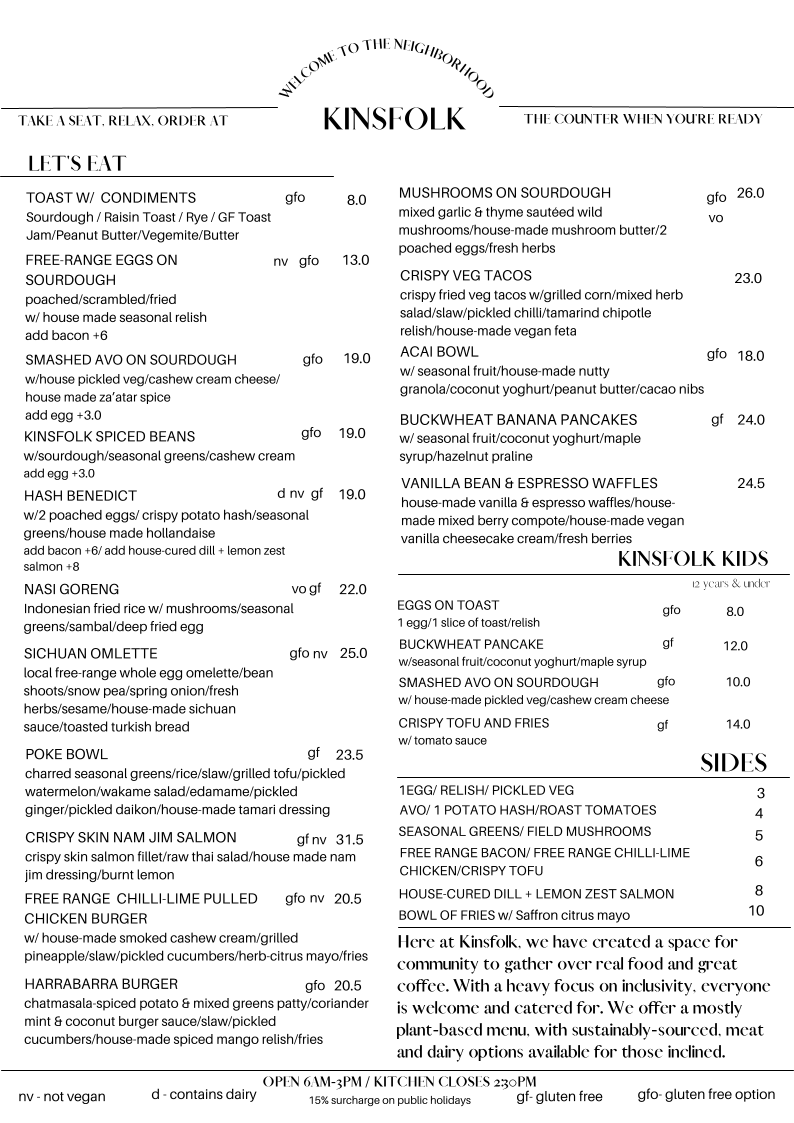 Menu, Kinsfolk Coffee