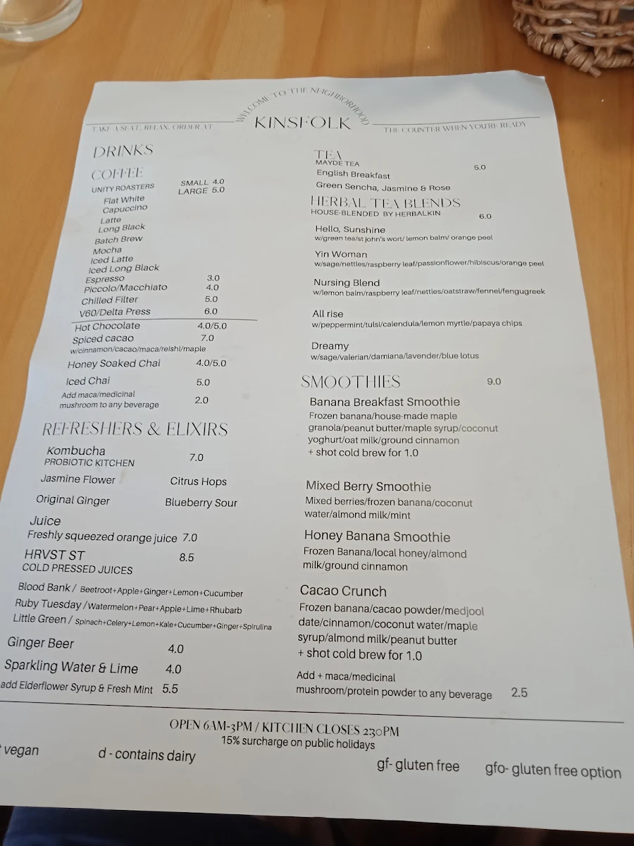 Menu, Kinsfolk Coffee