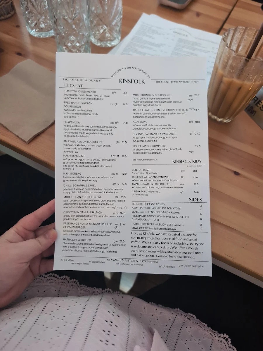 Menu, Kinsfolk Coffee