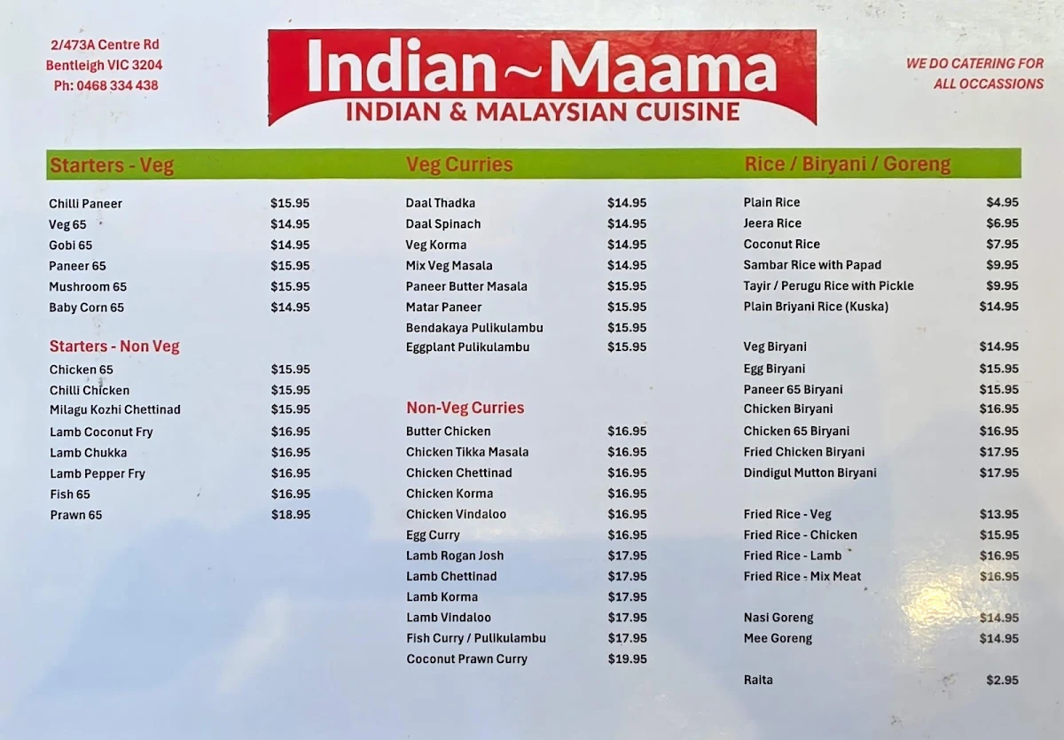 Menu, Indian Maama