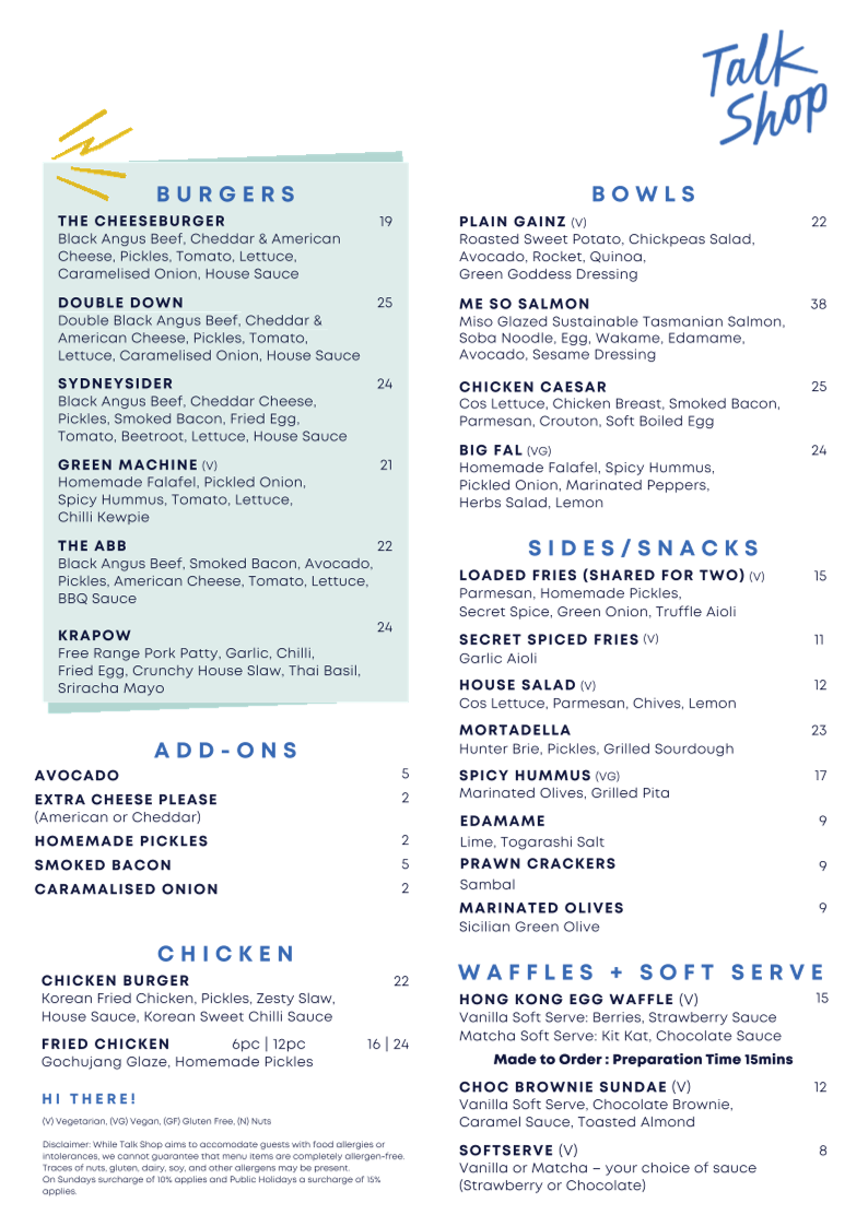 Menu, Talk Shop