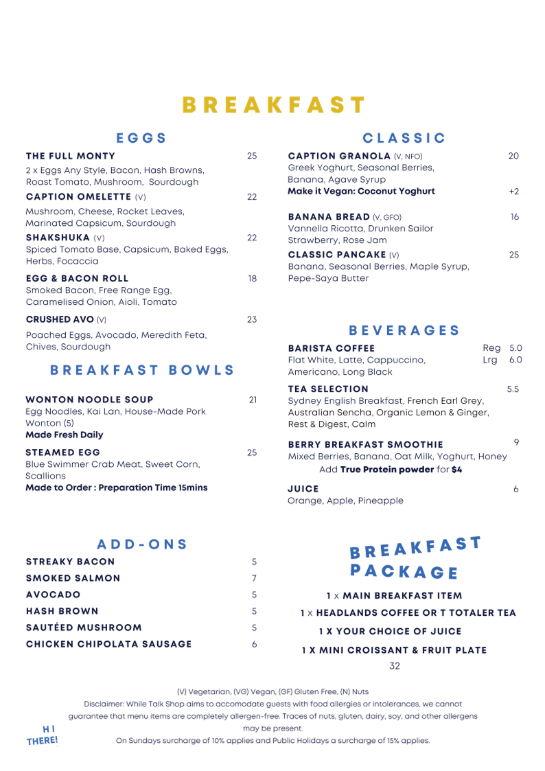 Menu, Talk Shop