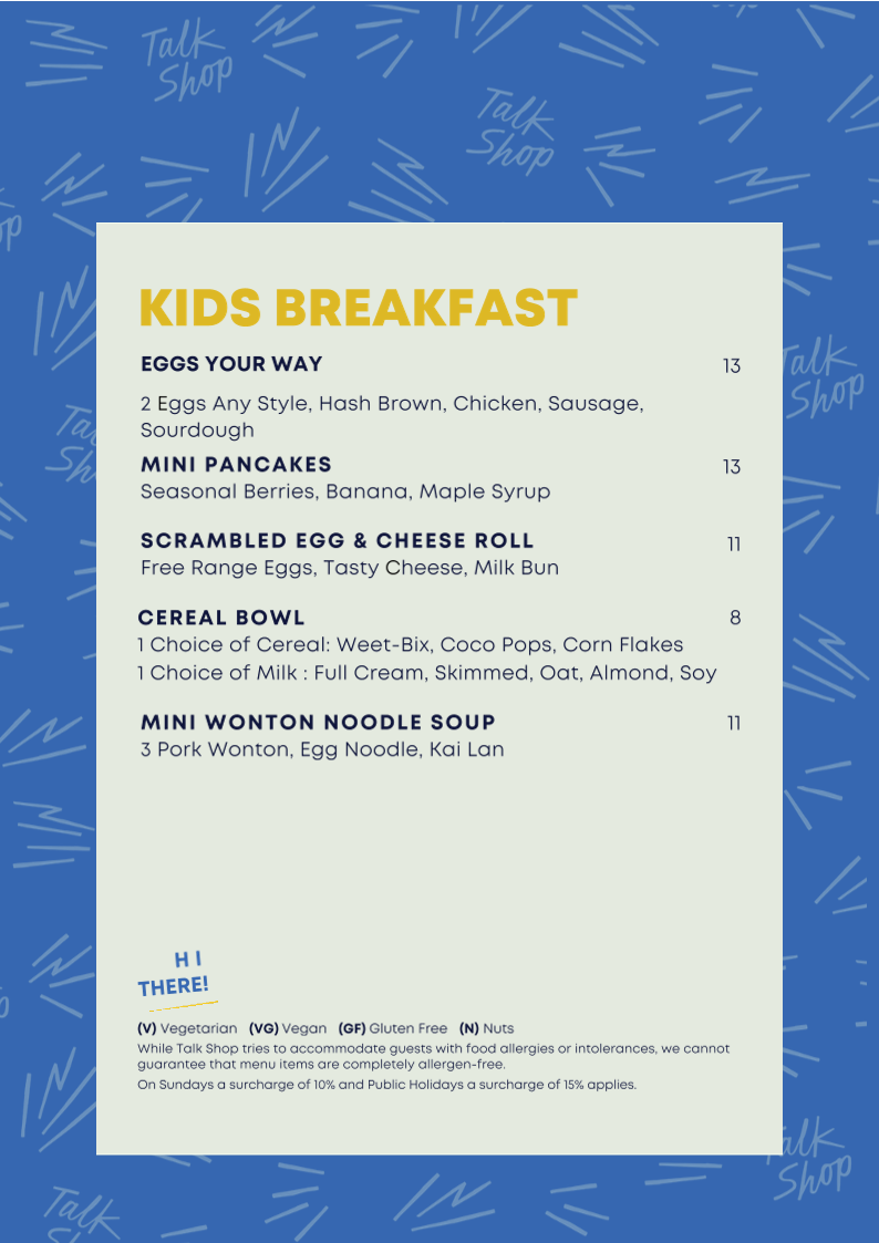 Menu, Talk Shop