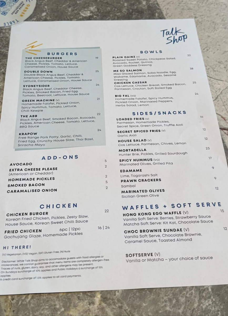 Menu, Talk Shop