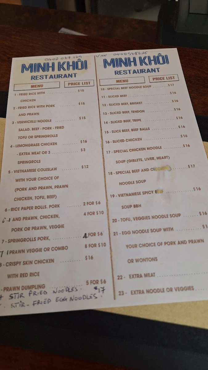 Menu, Royal Oak Hotel - Home of Minh Khoi Vietnamese