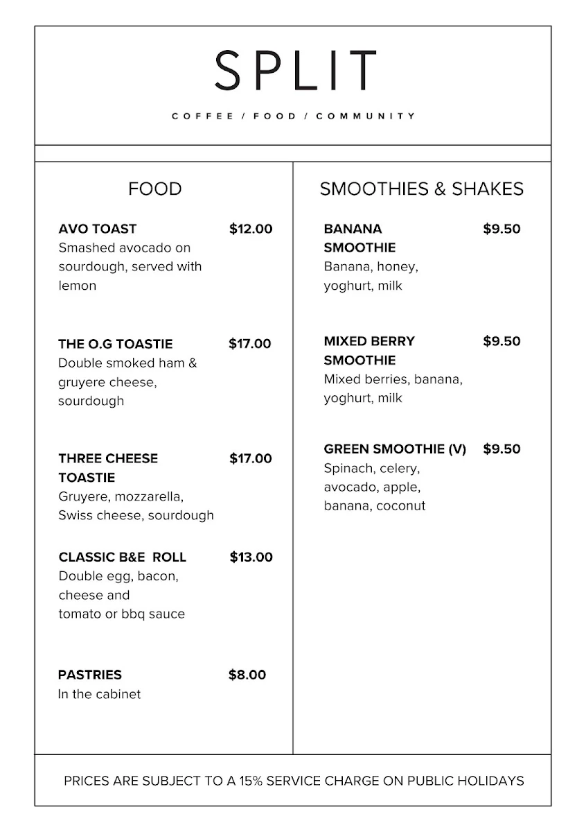 Menu, Split Coffee Espresso Bar
