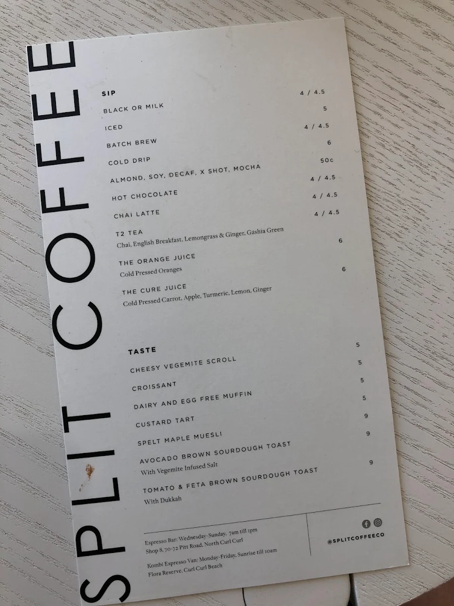 Menu, Split Coffee Espresso Bar