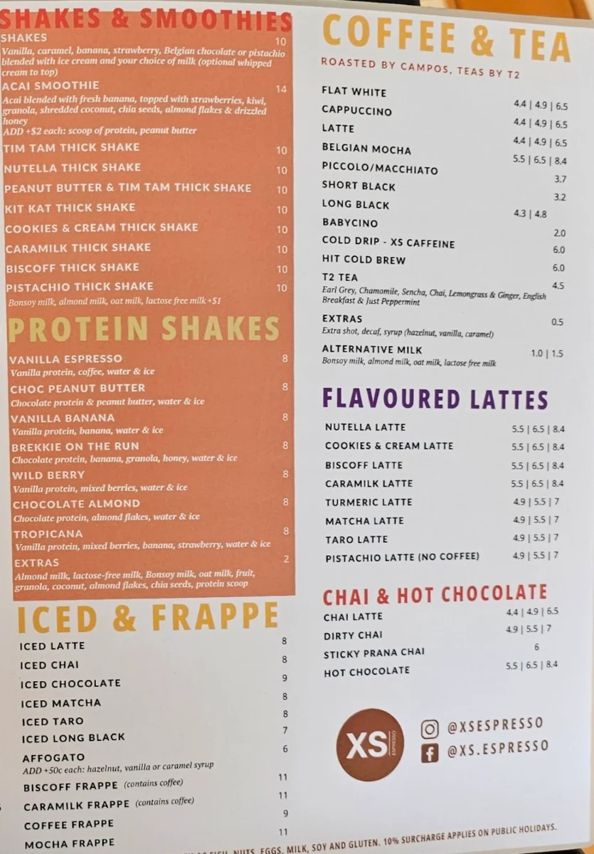 Menu, XS Espresso Revesby