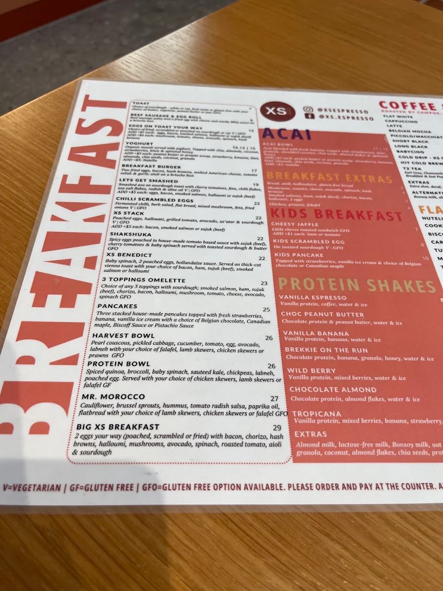 Menu, XS Espresso Revesby