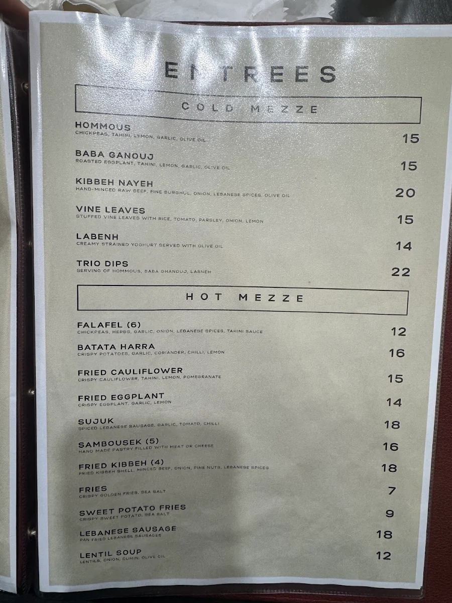 Menu, Jasmin Lebanese Restaurant