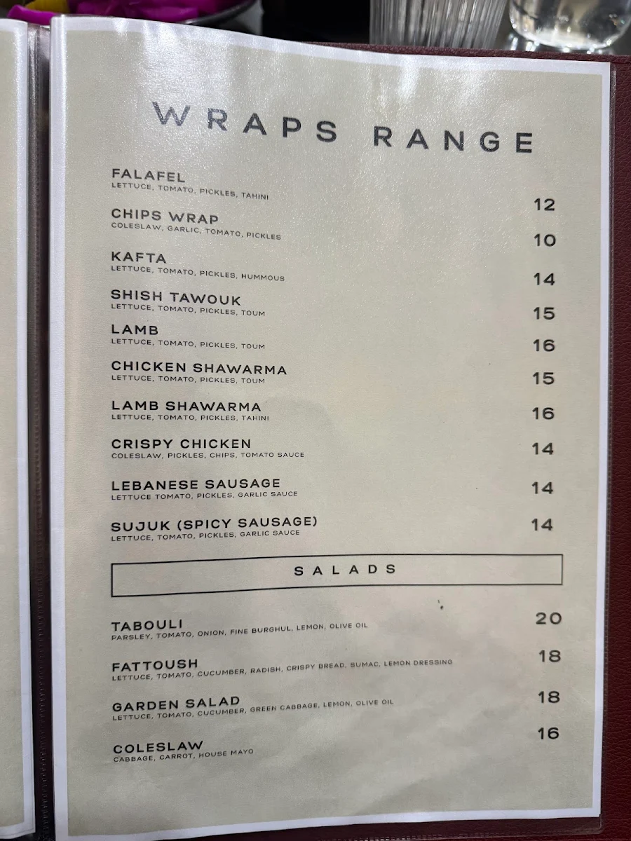 Menu, Jasmin Lebanese Restaurant