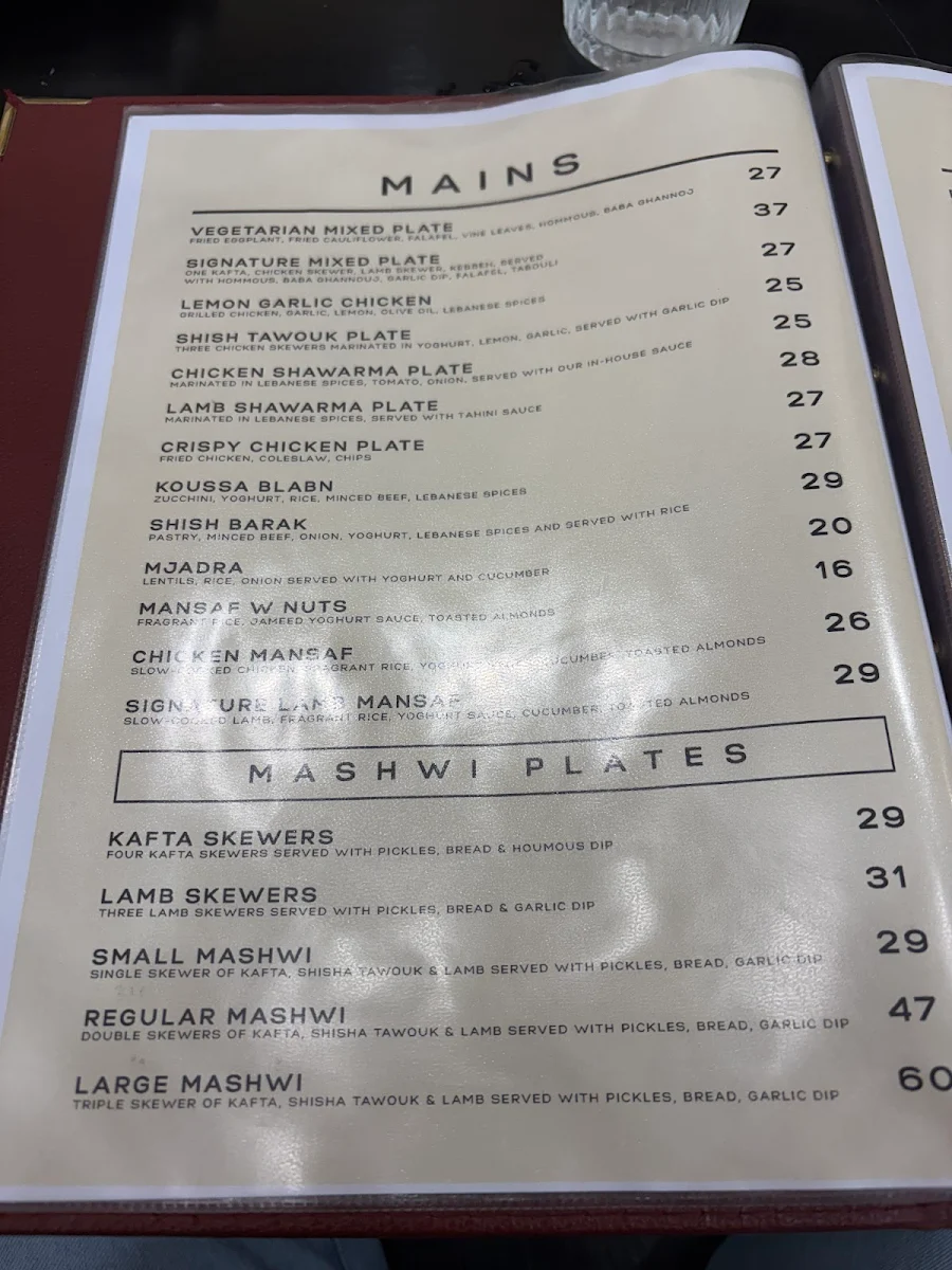 Menu, Jasmin Lebanese Restaurant