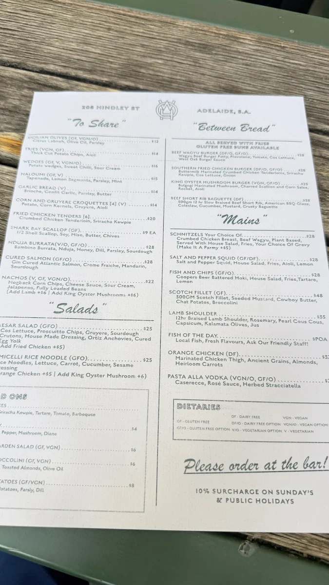 Menu, West Oak Hotel