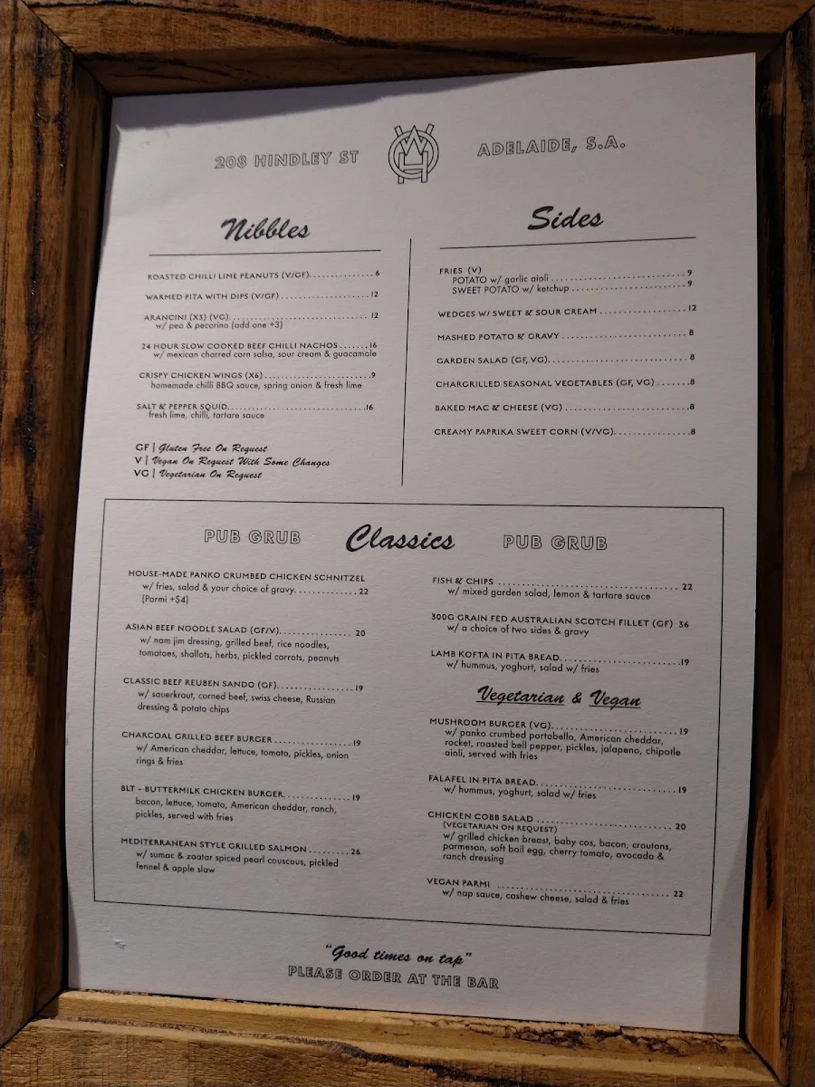 Menu, West Oak Hotel